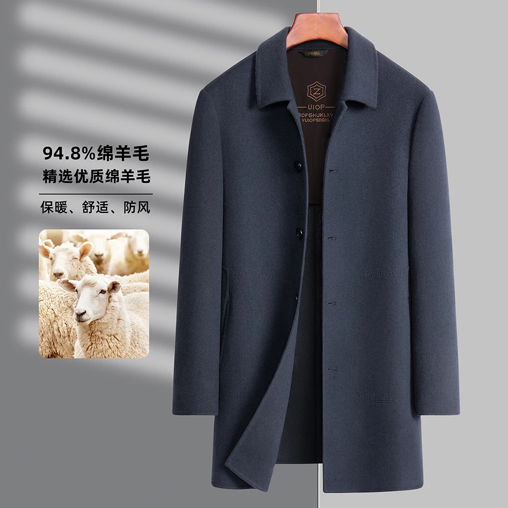 [95%绵羊毛]中长款保暖绵羊毛大衣舒适防风男士商务秋季薄外套