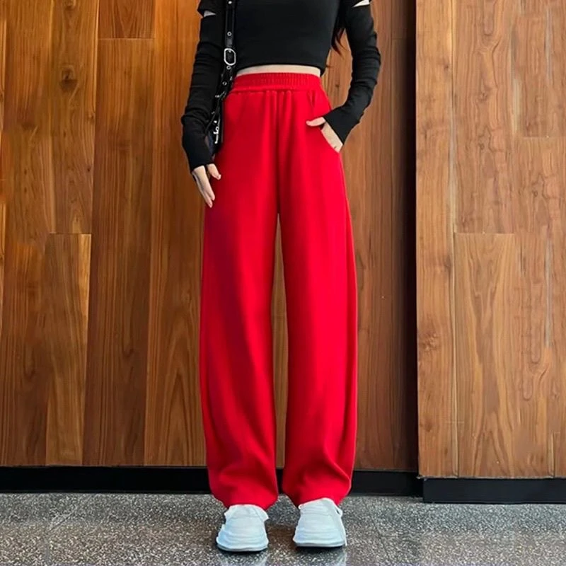 中国红阔腿香蕉裤女秋冬新款加绒加厚高腰宽松运动风显瘦休闲卫裤