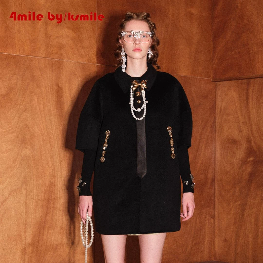 4MILE BY KSMILE | 玛格丽特花苞半袖羊毛大衣外套钉珠毛呢三件套