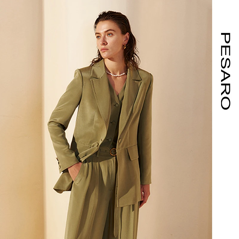 PESARO纯色直筒型气质常规女西装绿色休闲秋季设计感4109-9005