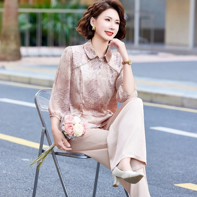 新款妈妈春季套装中式国风中年女装减龄气质小个子洋气时尚两件套