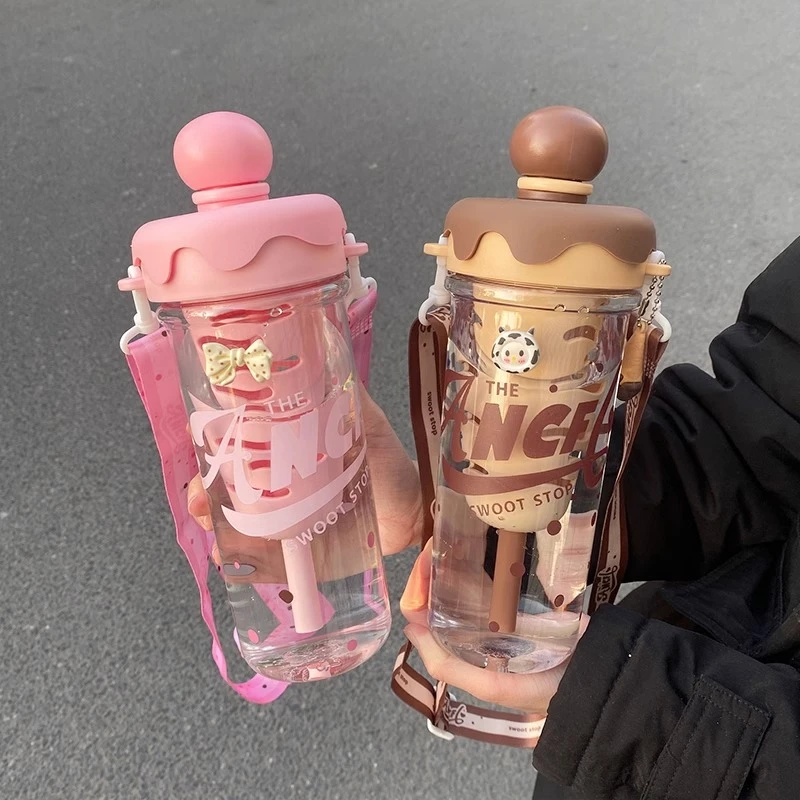 吉祥草水杯女生大容量塑料杯学生便携随行杯可爱带滤网泡茶吸管杯