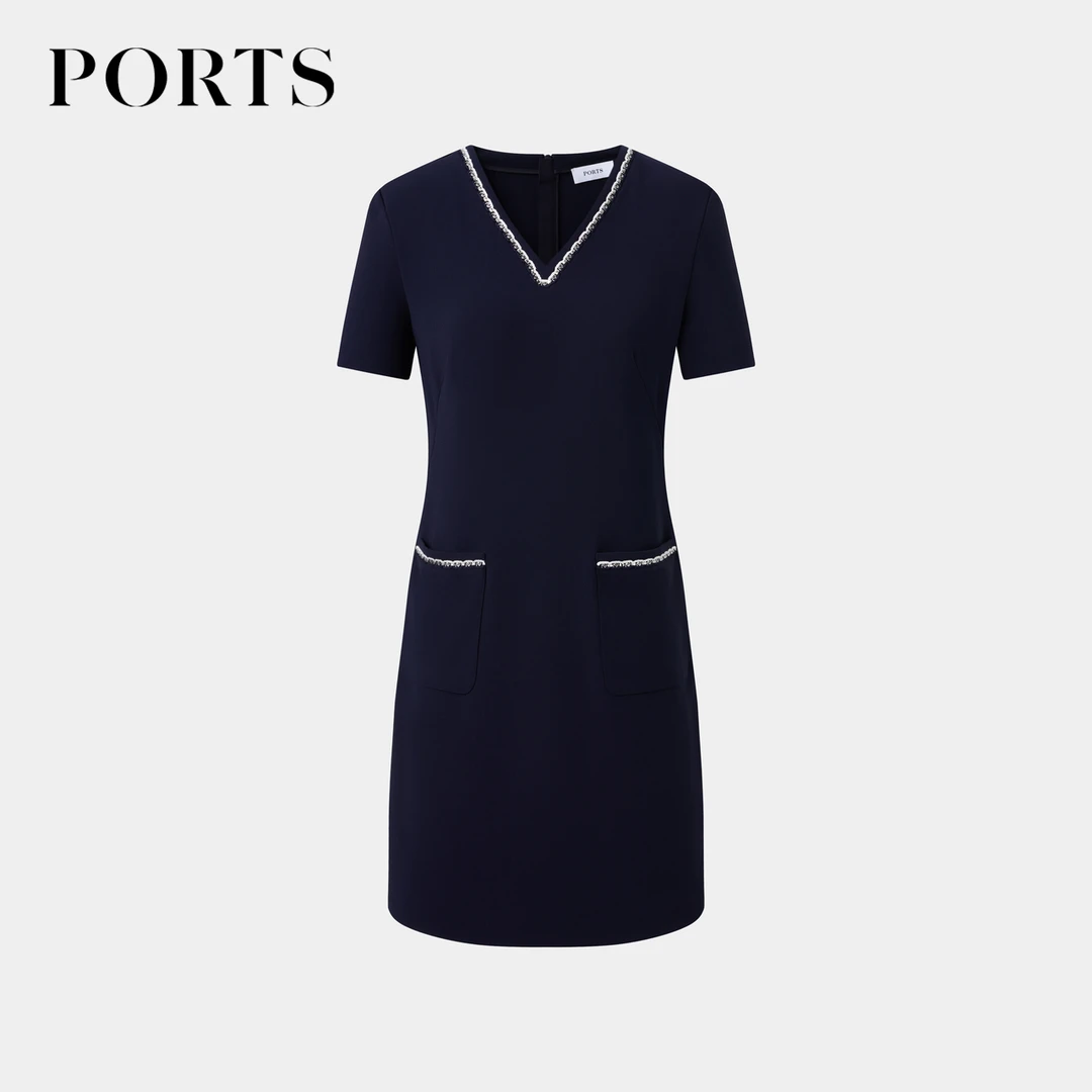 PORTS宝姿女装春夏新款简约手工勾边链条V领三醋酸短袖连衣裙女