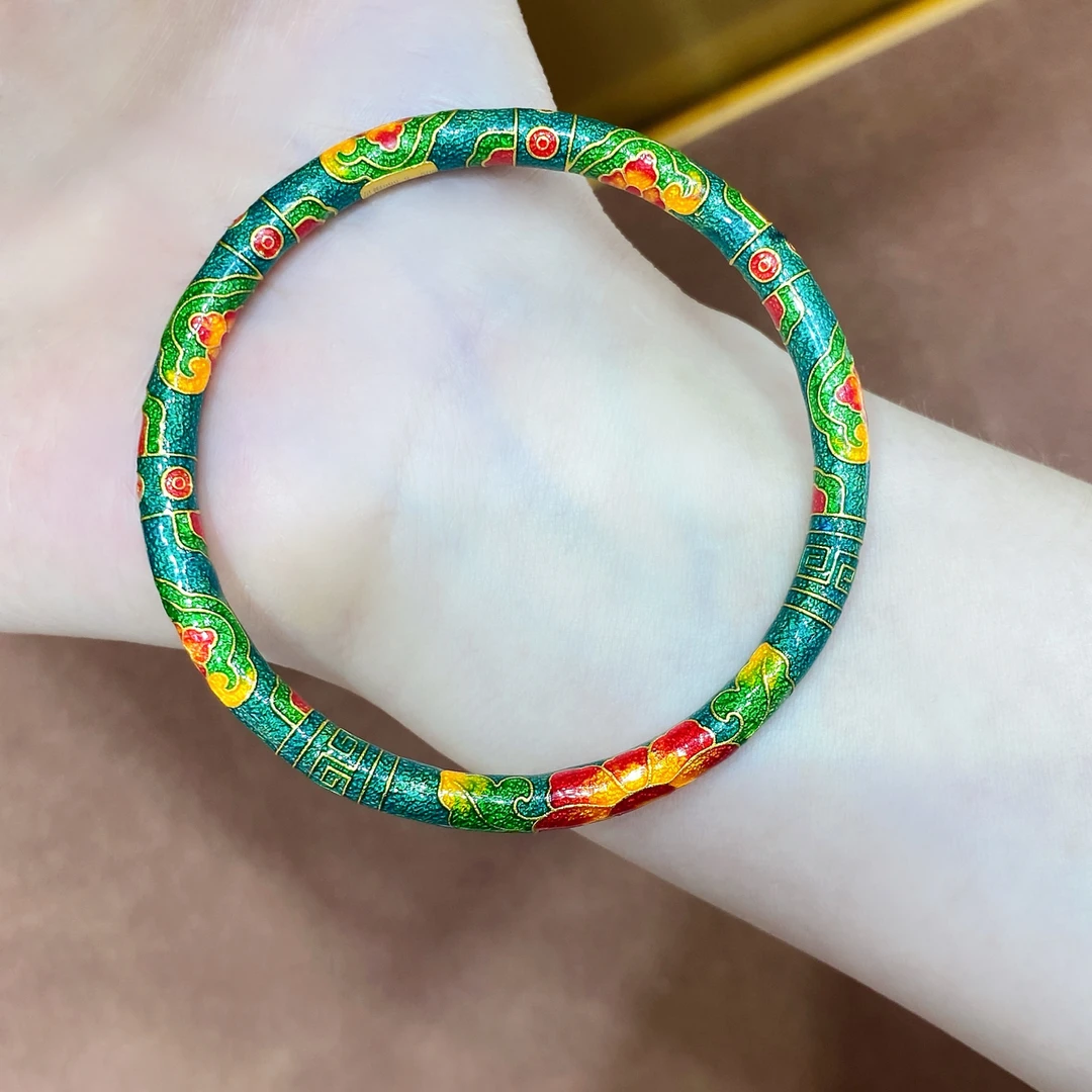 足银手镯 女士纯银手镯足银999.9掐丝珐琅彩花开富贵国风银手镯女