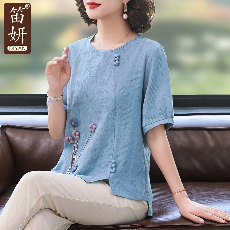 妈妈夏装棉麻套装2025新款中年纯棉短袖T恤薄中老年女时尚两件套