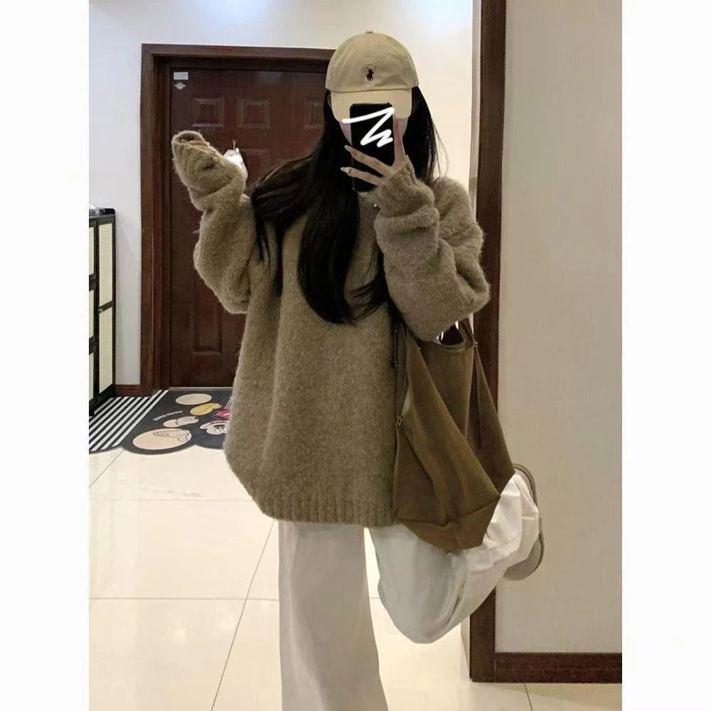 慵懒风高级感重磅软糯韩系咖色套头毛衣女秋冬宽松针织衫上衣