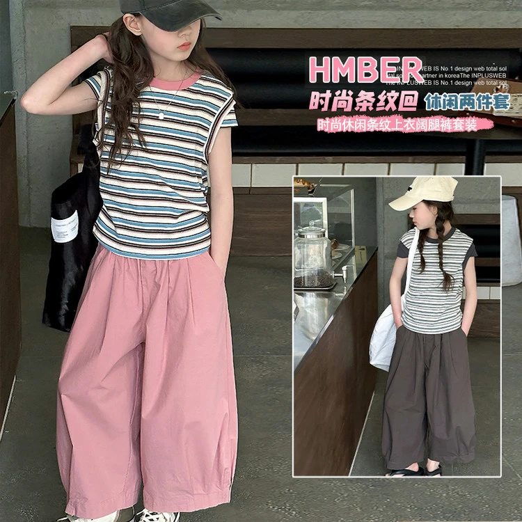 女童时髦条纹短袖儿童夏季洋气萝卜裤套装2025新款中大童5-15岁潮