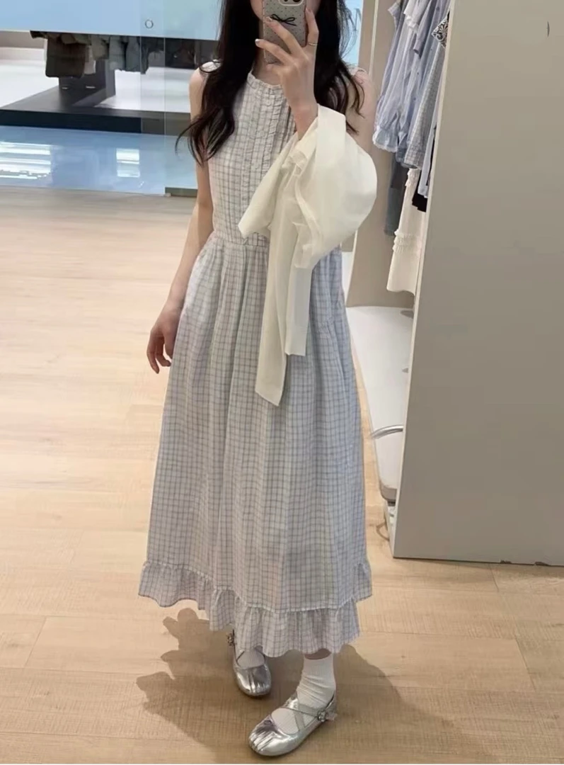 【Mis】清新田园风立领宽松格纹长款无袖连衣裙