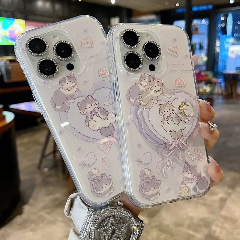 适用苹果系列iPhone16新款手机壳卡通个性紫色碎花猫半包防摔大孔