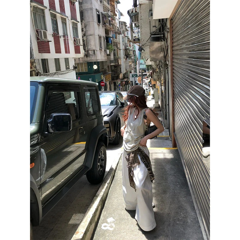 夏季港风穿搭辣妹休闲百搭时尚洋气吊带背心外穿高腰垂感直筒裤女