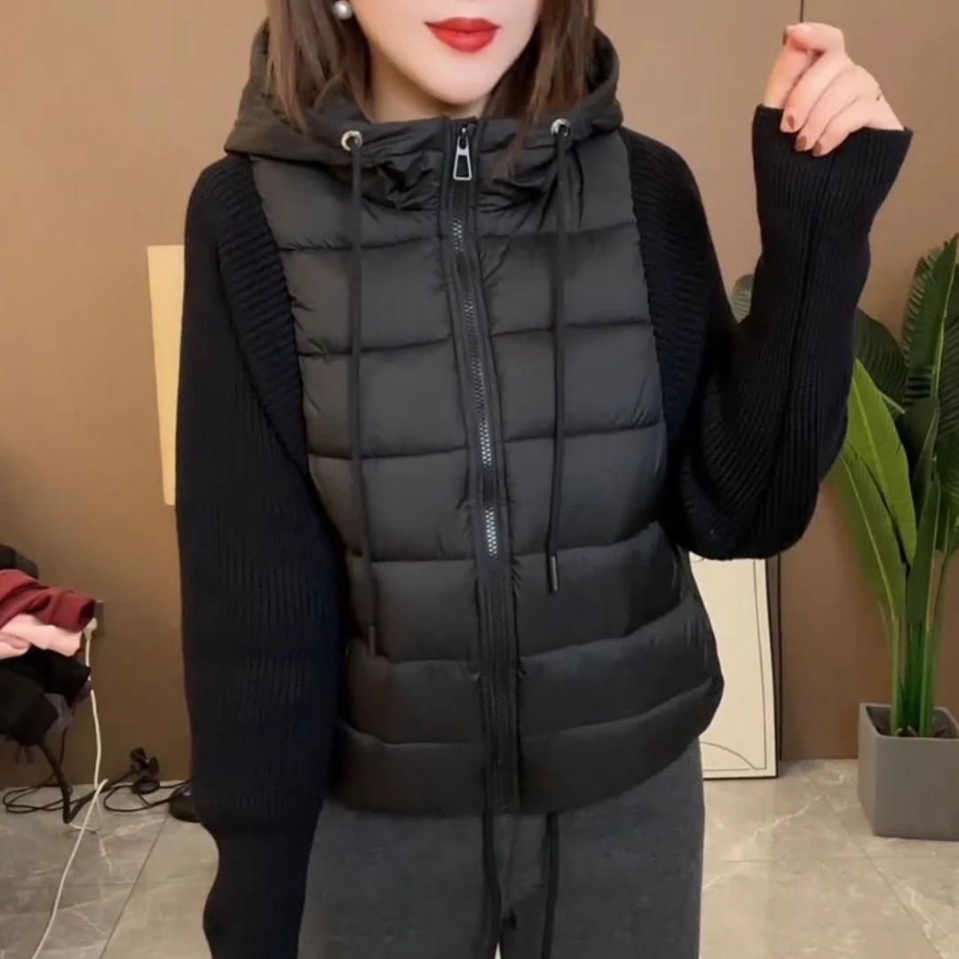 轻薄针织毛衣袖拼接棉服女短款假两件630款秋冬装新款时尚棉袄