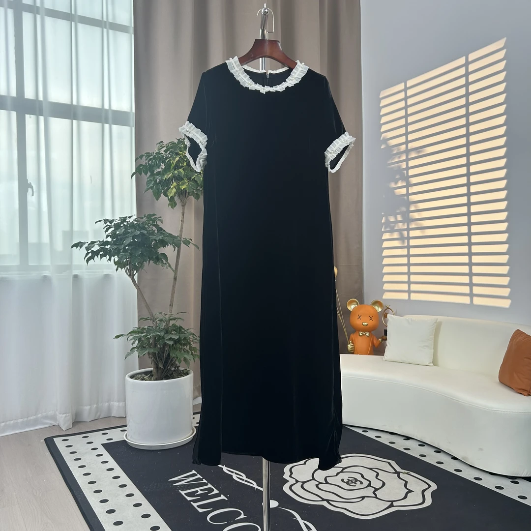 FOURbosses100桑蚕丝丝绒连衣裙欧根纱领轻奢时尚黑色设计师气质