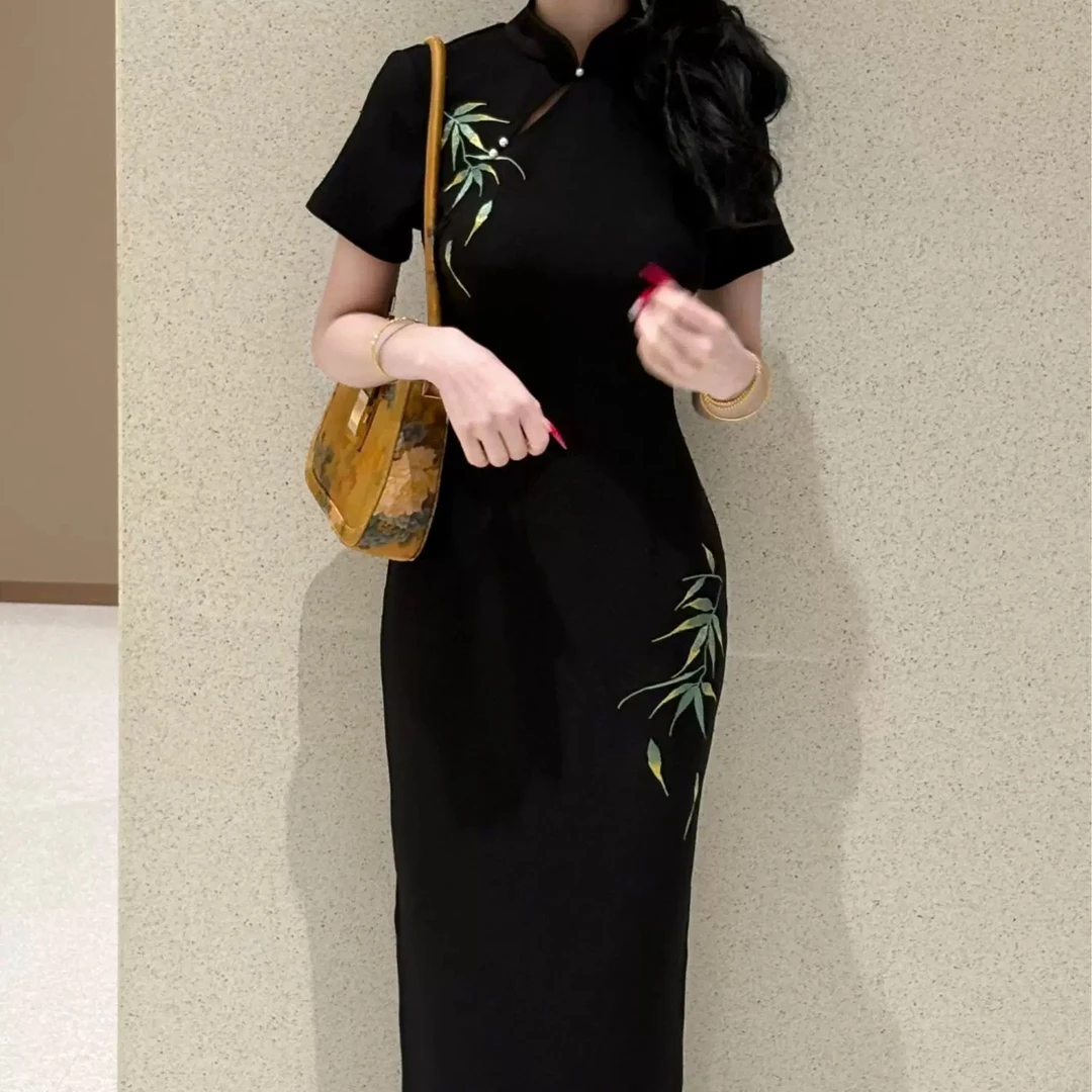 V-2972 玉竹黑 弹力丝 国风新中式夏款年轻款改良旗袍120cm长款