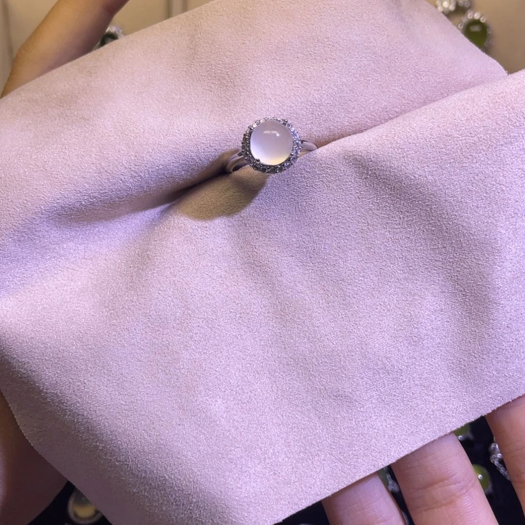 银天然白冰银镶玉戒指