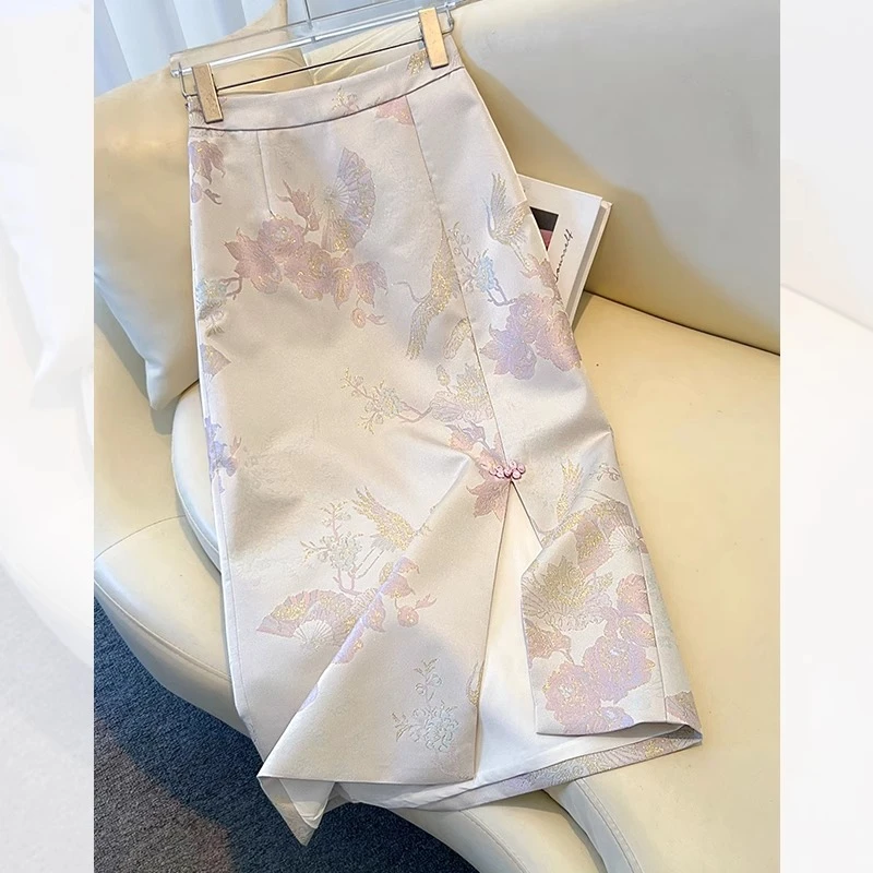 新中式国风半身裙女春秋2025新款气质刺绣开叉包臀裙中长款a字裙