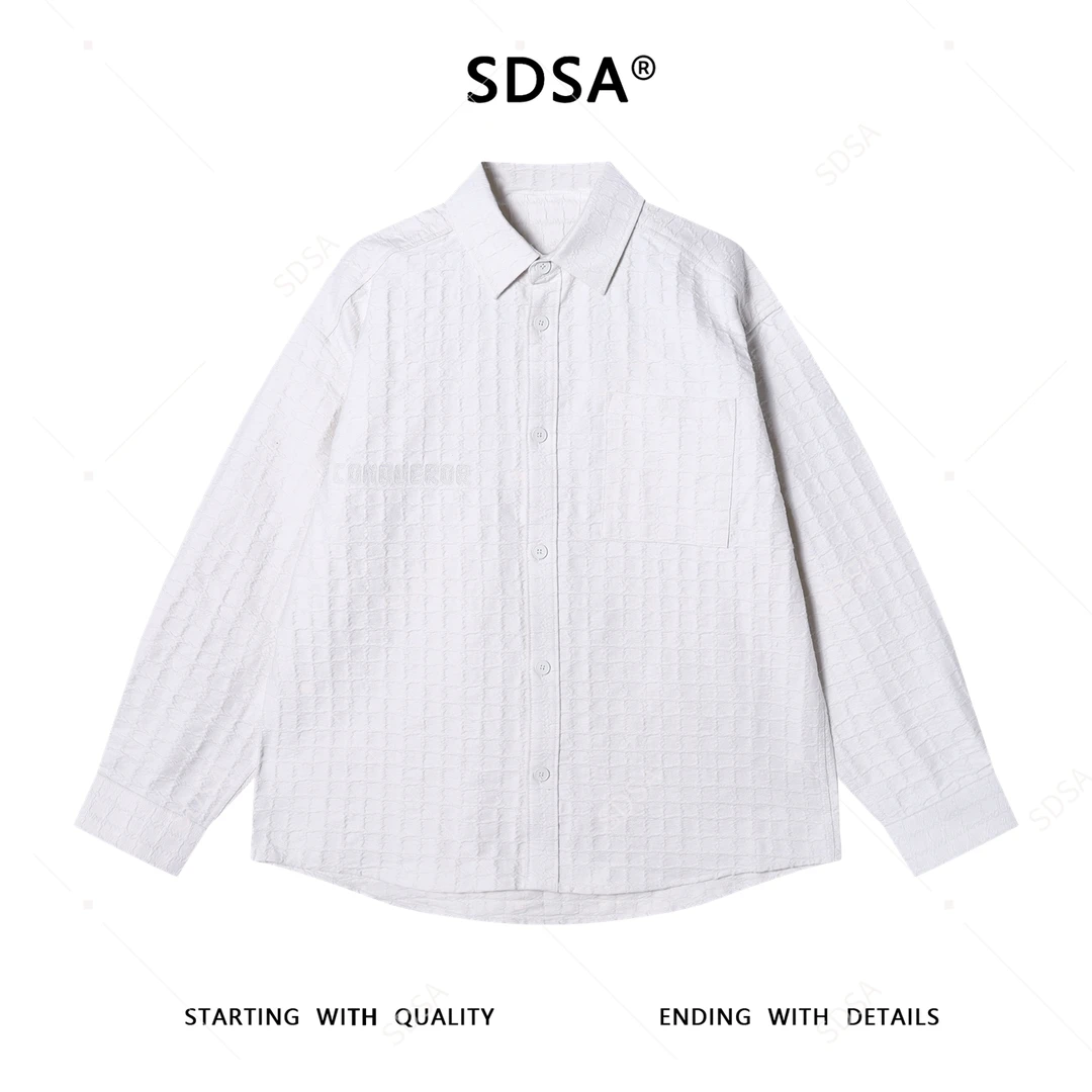 SDSA男士秋冬新款痞帅男装刺绣字母提花格子设计长袖衬衫百搭宽松