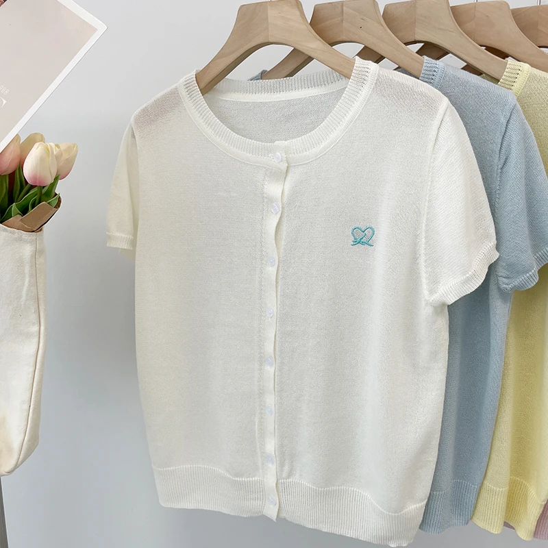 圆领冰丝短袖针织开衫女薄款2025新款夏季宽松配吊带刺绣洋气上衣