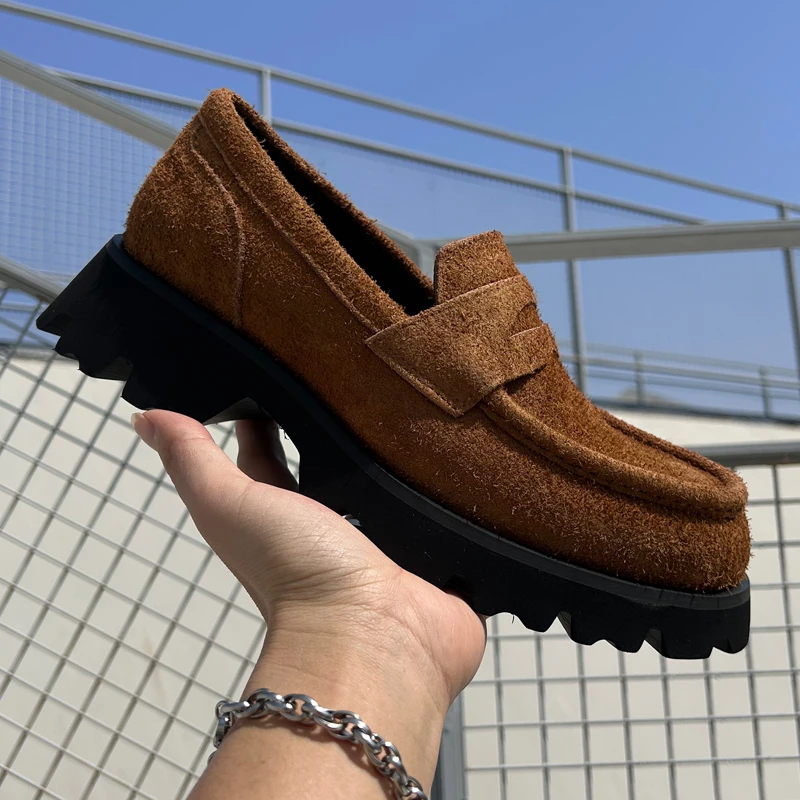 2025新款复古耐磨欧美一脚蹬圆头乐福鞋厚跟休闲皮鞋时尚商务男鞋