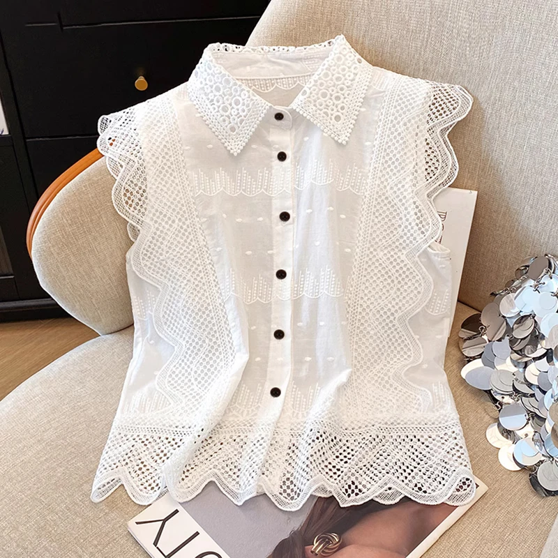 法式镂空小飞袖蕾丝衬衫女2025年夏季新款小个子洋气减龄无袖上衣