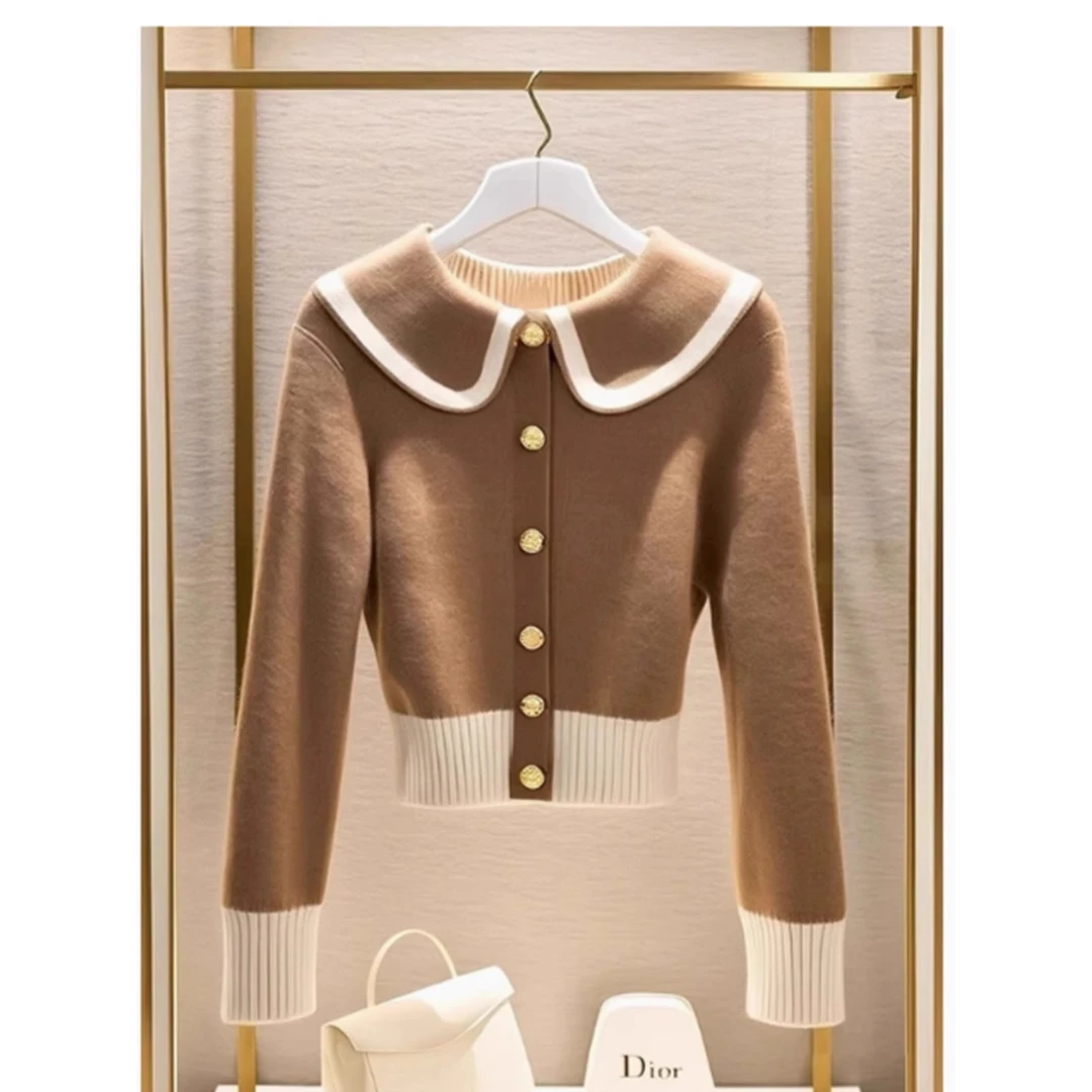 2024冬季爆款咖色短款外套女减龄洋气小个子加厚针织开衫上衣