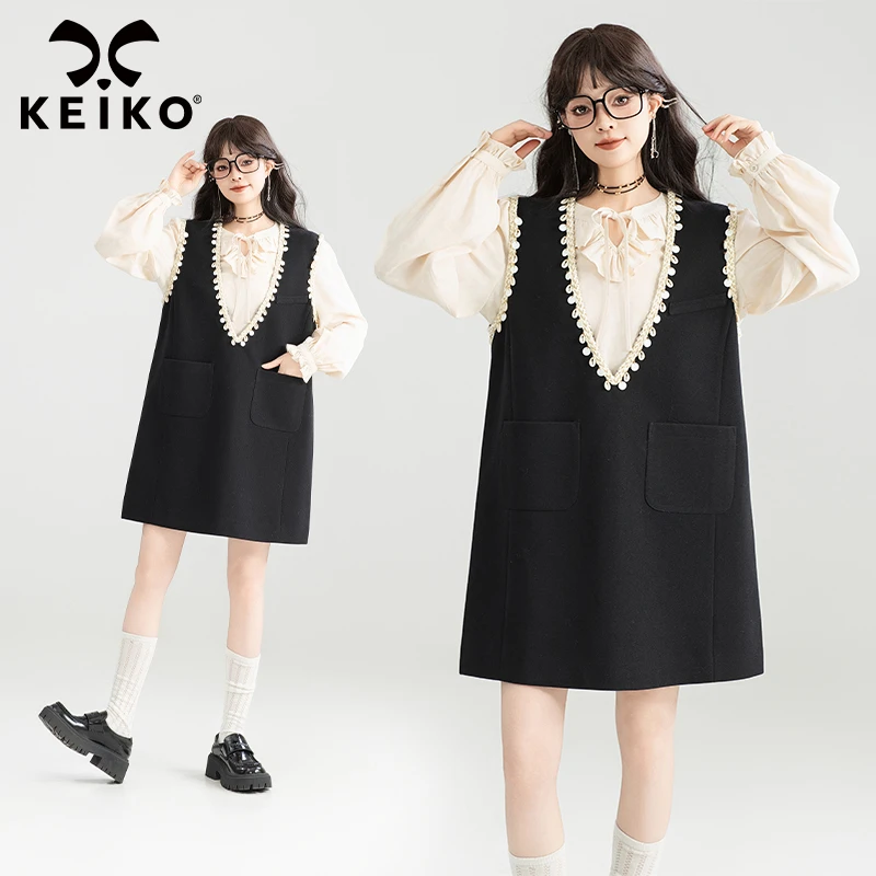 KEIKO 织带饰深V黑色背心裙短裙25秋季叠搭千金感显瘦无袖连衣裙