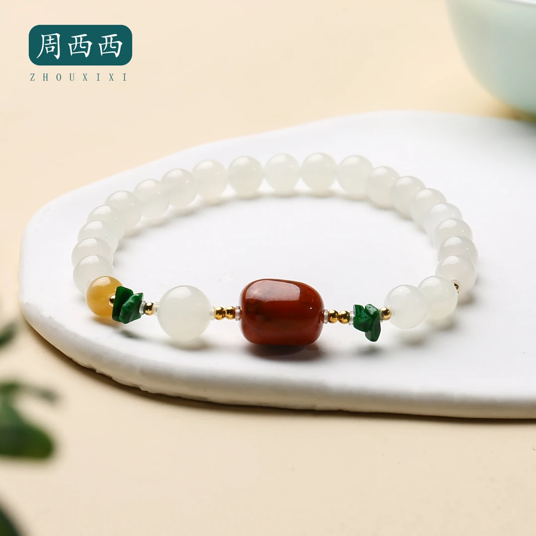 精美珠宝18K白玉南红路路通6mm经典百搭多样性发货17727