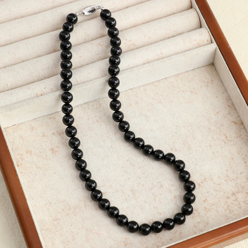 黑色玛瑙项链女款长款s925银元宝扣串珠锁骨链轻奢高级感毛衣链
