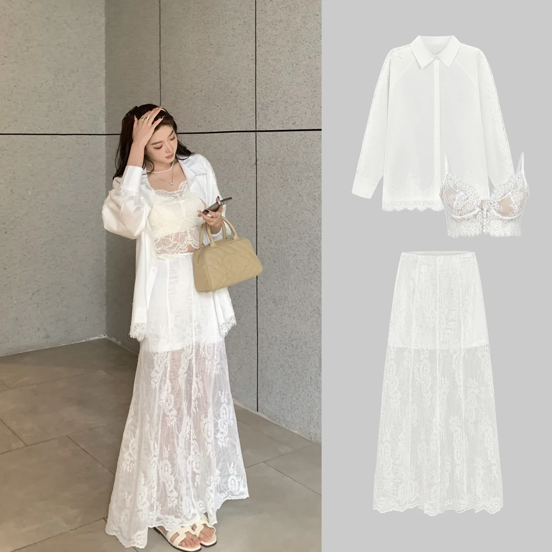 重工拼接 水溶蕾丝衬衫+蕾丝半裙 L 8574#