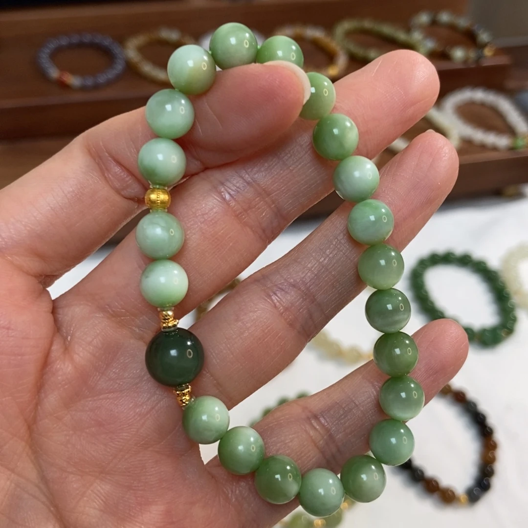 和田玉18K金镶嵌手链8mm黑阳洞碧玉猫