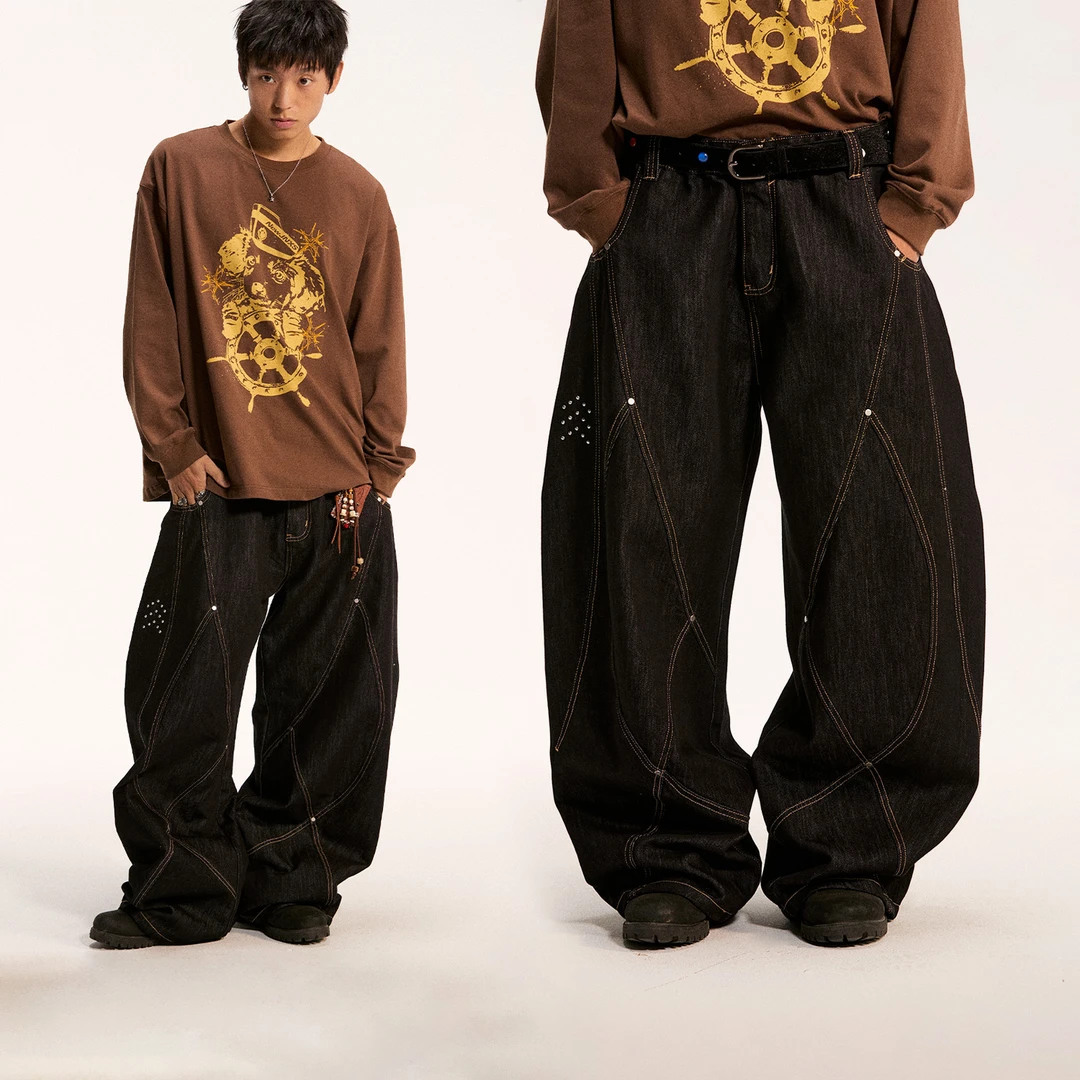 【江南先生】水洗多线分割撞钉牛仔裤烫钻撞色刺绣弯刀裤JN54A29