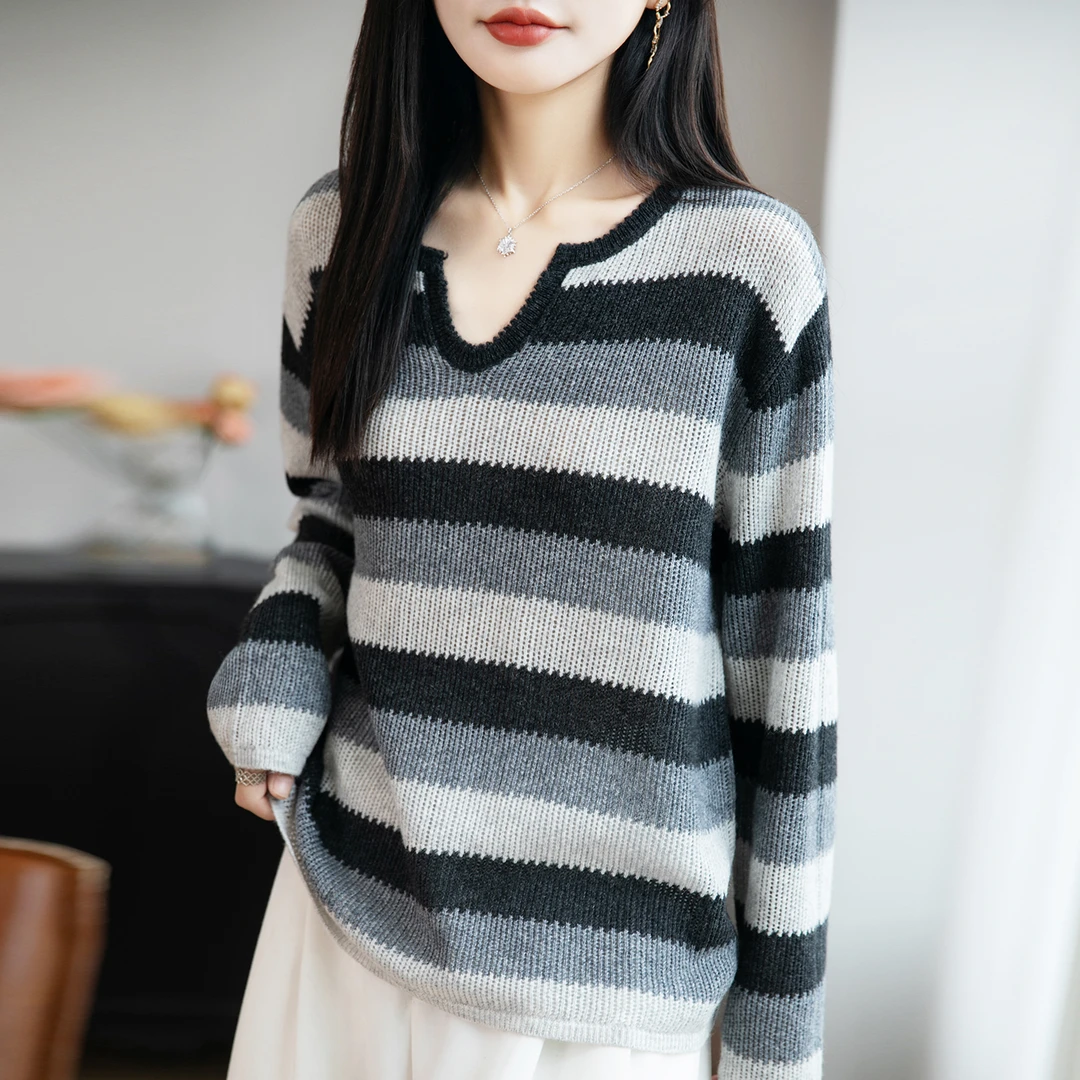 【柔软~亲肤】早秋休闲时尚撞色宽条纹羊毛衫宽松长袖百搭女针织衫