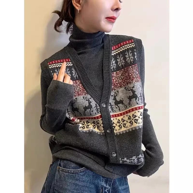 针织马甲高领打底衫两件套女2025秋冬新款时尚提花慵懒风洋气上衣