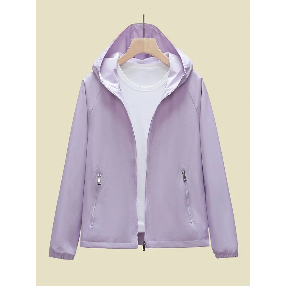 B39春秋季新款薄外套女纯色休闲连帽小风衣宽松大码短款上衣