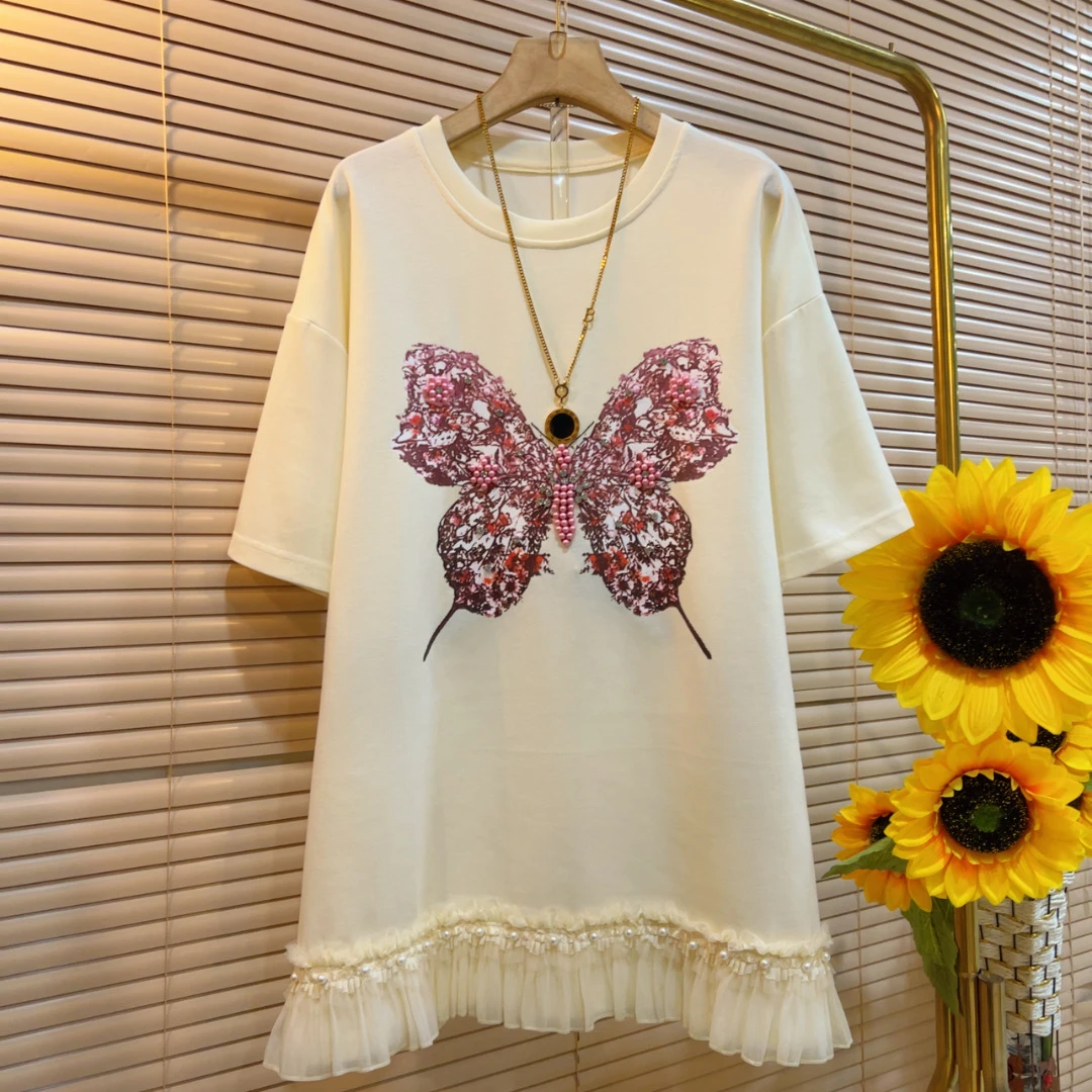 XB春夏新款重工蕾丝花边短袖休闲遮肉上衣女