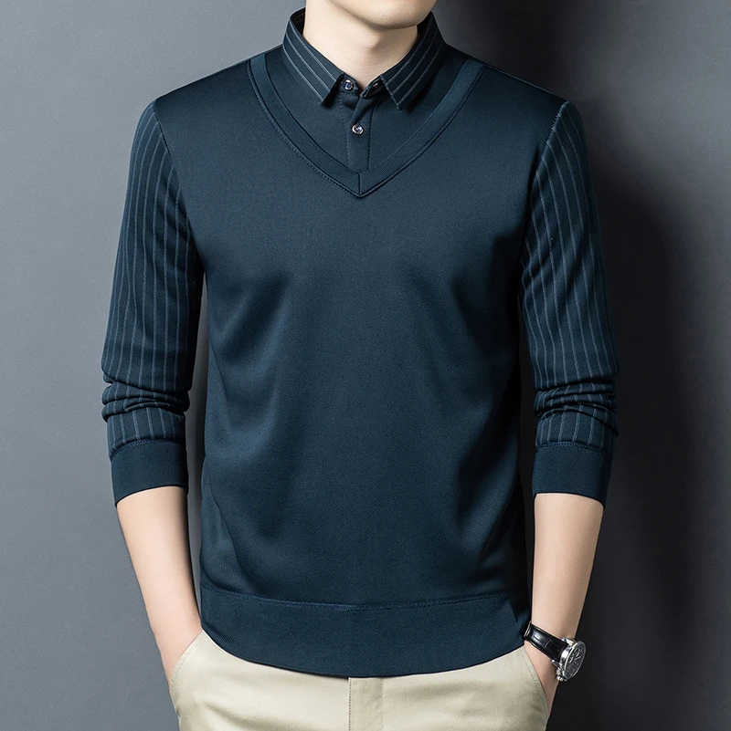 长袖拉链V领休闲加绒条纹男士T恤衬衫上衣男装假两件春秋季商务