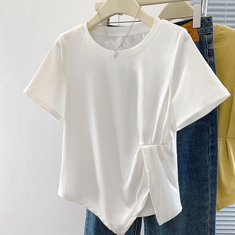 大码短袖T恤女夏季收腰显瘦不规则上衣微胖MM小众设计感开叉体恤