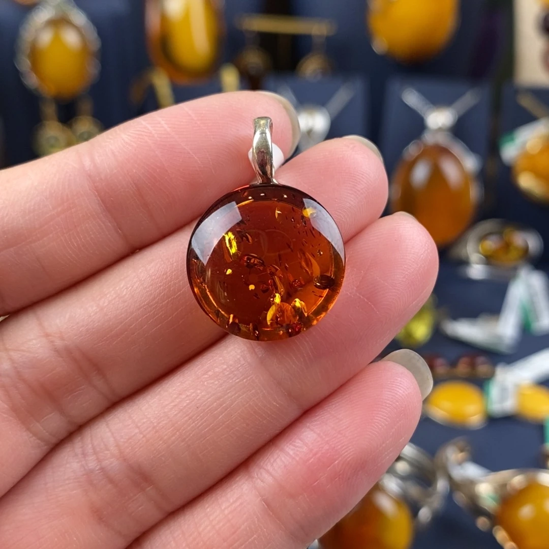 琥珀颈饰银S925镀金镶嵌