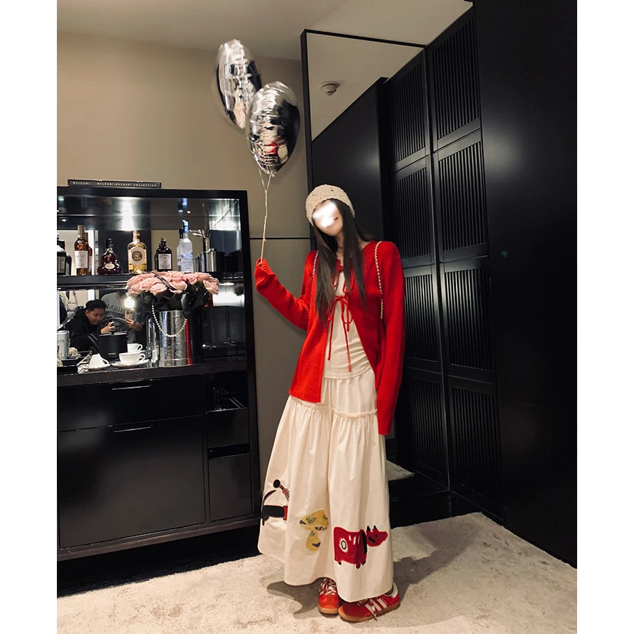 高级感绑带T恤开衫薄外套女2025新款可爱卡通刺绣半身裙时尚套装