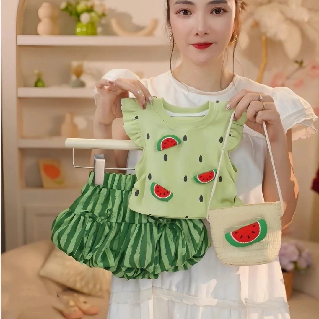 2025夏季新款女童可爱洋气清凉立体西瓜花苞套装上衣两件套