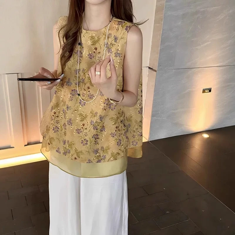 D999-2903【花海上衣LL】国风无袖马甲2025年夏季新中式刺绣上衣女