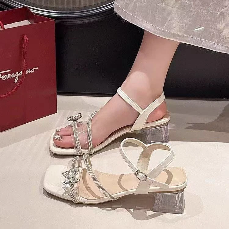 真皮新款凉鞋女夏2025爆款法式粗跟中跟水晶外穿网红百搭方头208