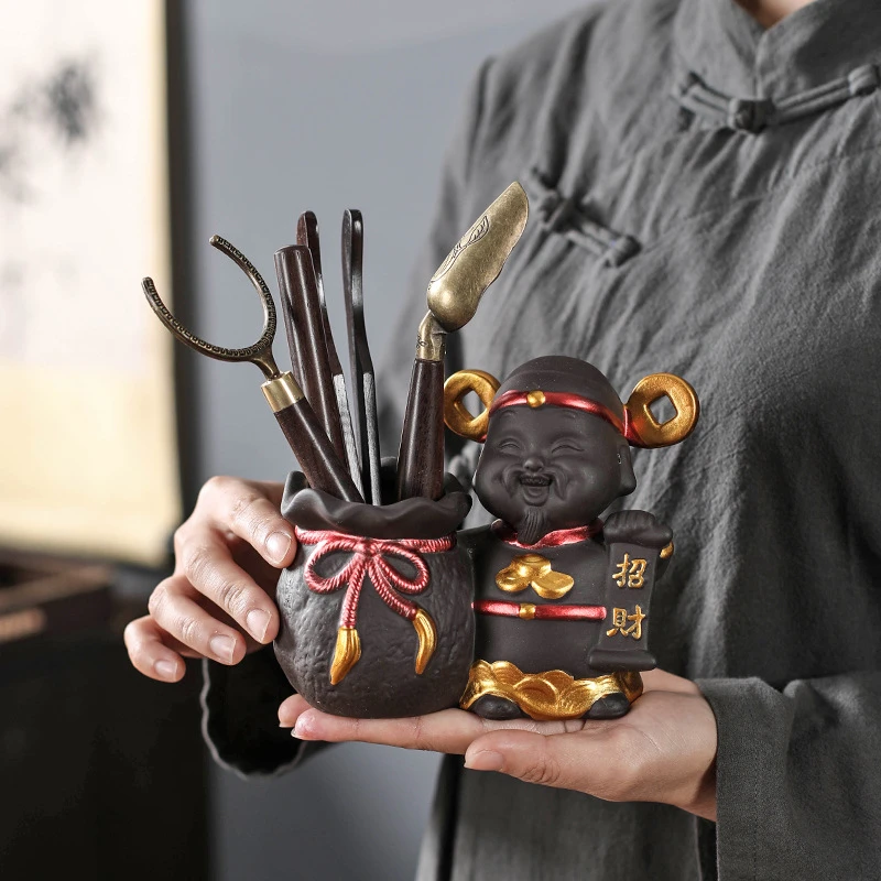 高档描金紫砂六君子黑檀木配件茶道零配家用陶瓷功夫茶具茶艺摆件