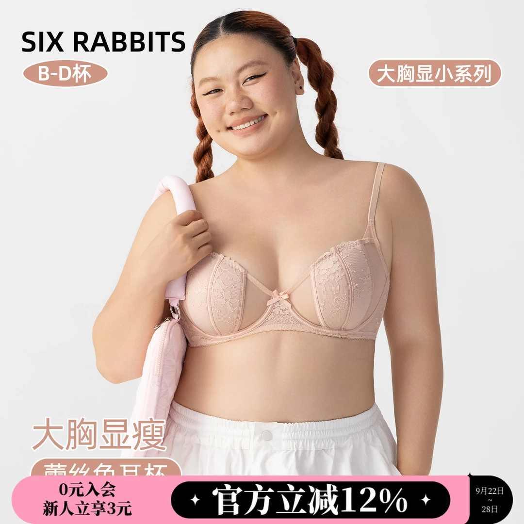 六只兔子兔耳杯内衣大胸显小胸罩无钢圈性感蕾丝薄款文胸防下垂