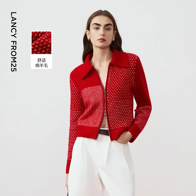 【MONEY HONG】朗姿羊毛翻领肌理感时尚针织开衫女2026年春季新款