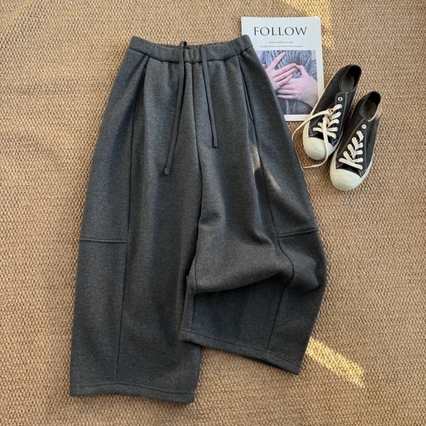 ［春春定制］新款韩版百搭显瘦时尚松紧腰垂感阔腿裤八分休闲裤7200
