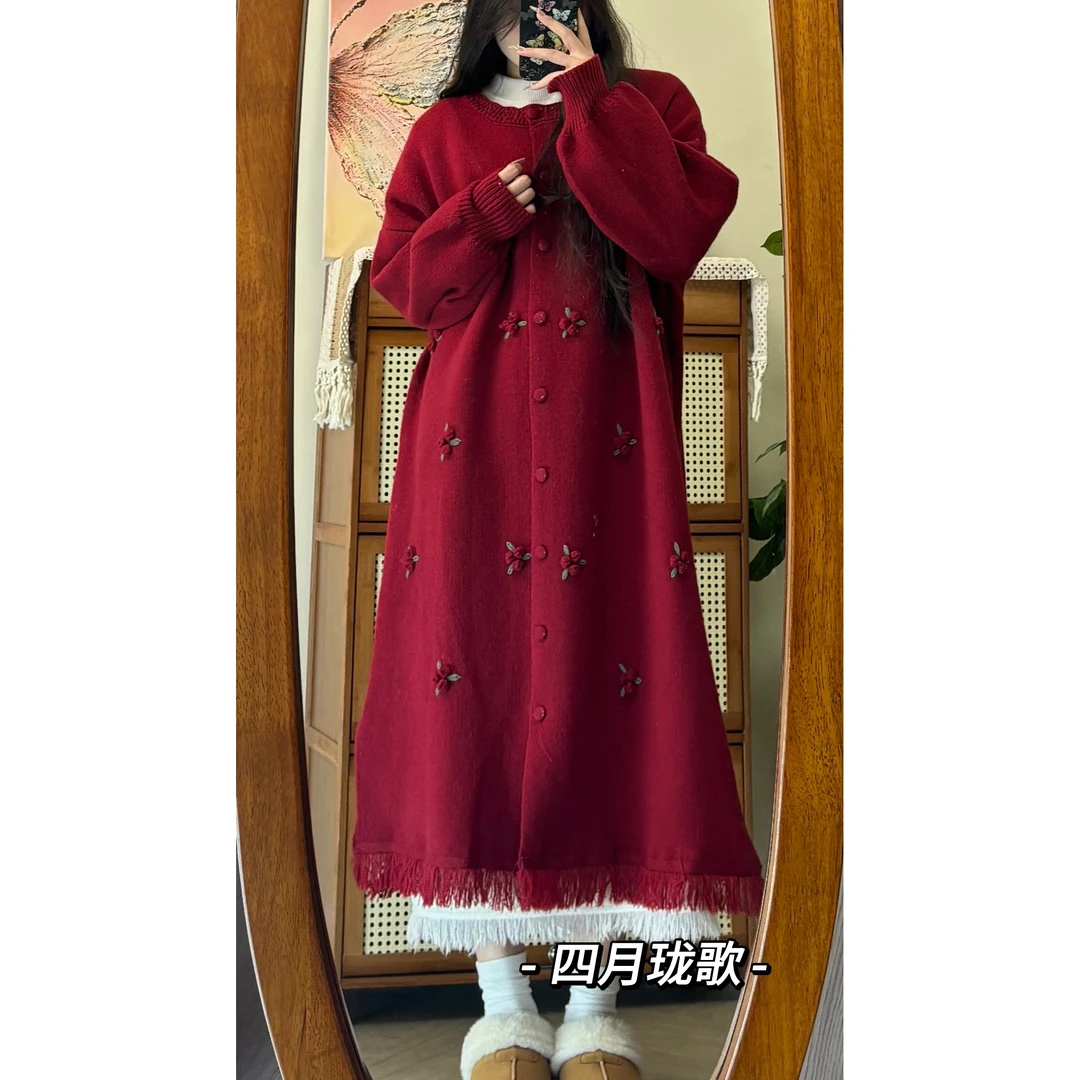 四月珑歌原创韩系慵懒气质立体花朵针织连衣裙秋冬新款2585 2541