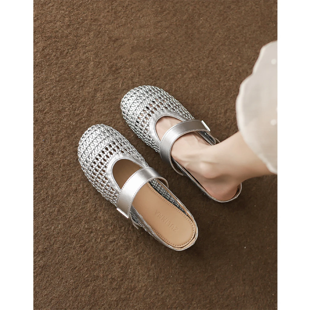 羊皮版~编织镂空百搭凉鞋女2025夏新款一字带透气包头半拖鞋外穿