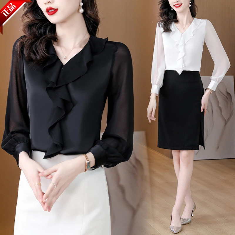 高端正品雪纺打底衫女2025新款爆款洋气春夏长袖雪纺衫上衣女垂感