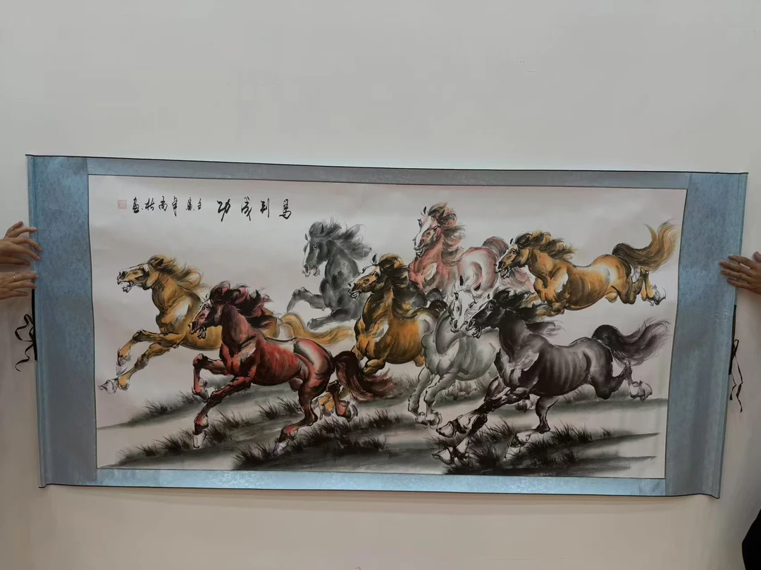 彩马国画装饰挂画卷轴高档锦绫已装裱（6尺）