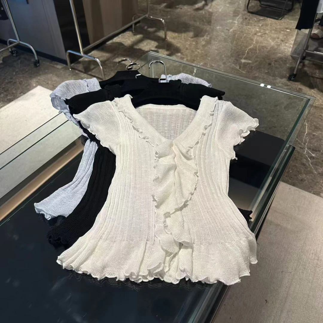 V领荷叶边针织显瘦上衣